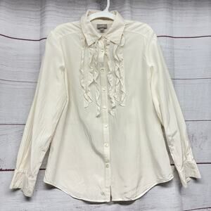 J. Jill Ivory 100% Silk Ruffle Front Button Down Blouse Shirt Ivory Cream Small